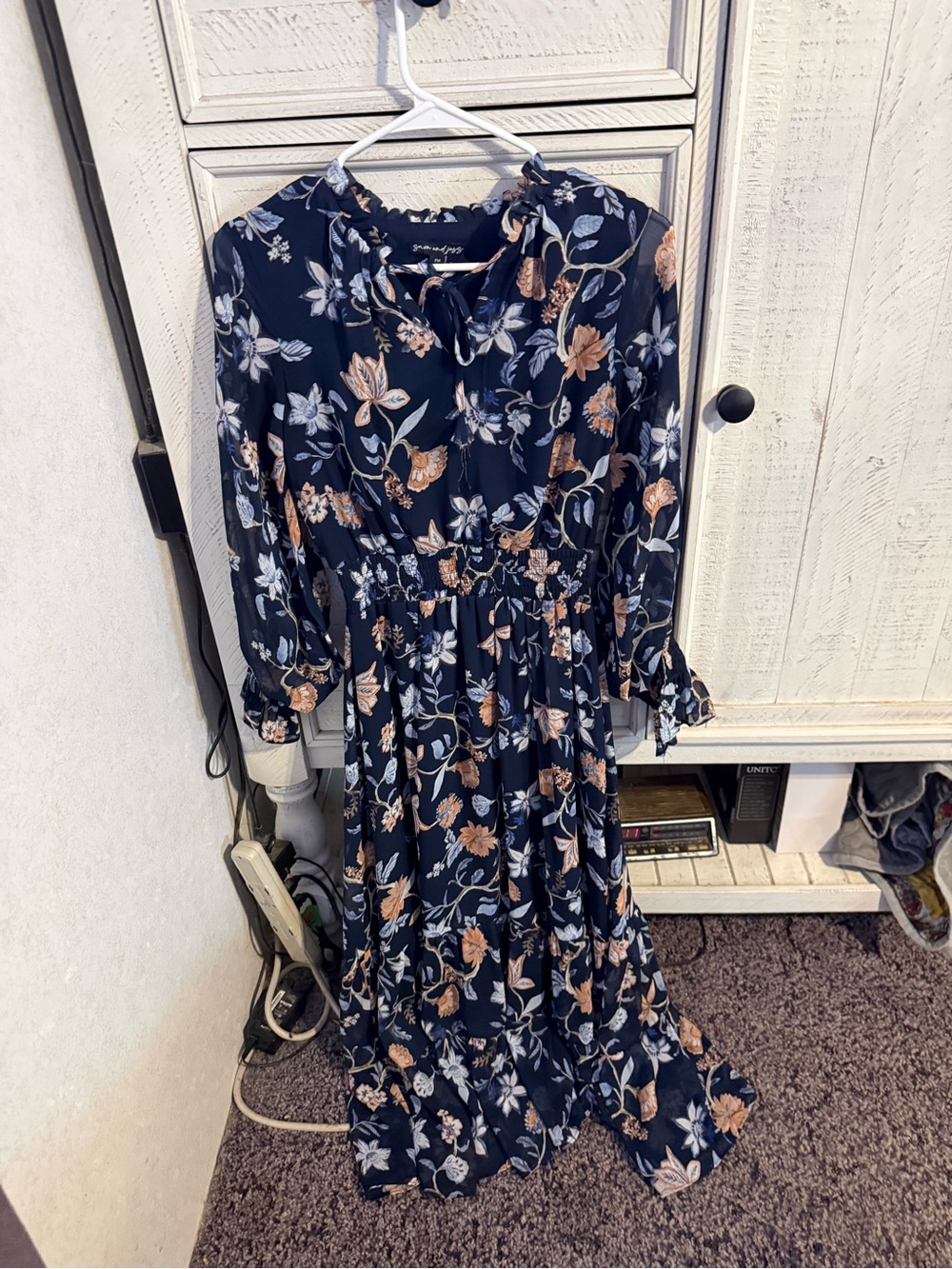 Navy Floral Maxi Dress with Tie Neck